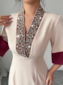 Rafferiza 优雅花卉刺绣腰部褶皱裙，A 字形轮廓，腰部清晰，V 领，拼色面板设计夏装 - 彩色 - 查看 7