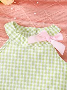 SHEIN 女宝宝可爱刺绣花卉格子无袖上衣和裤子套装，春夏 - 綠色 - 查看 8