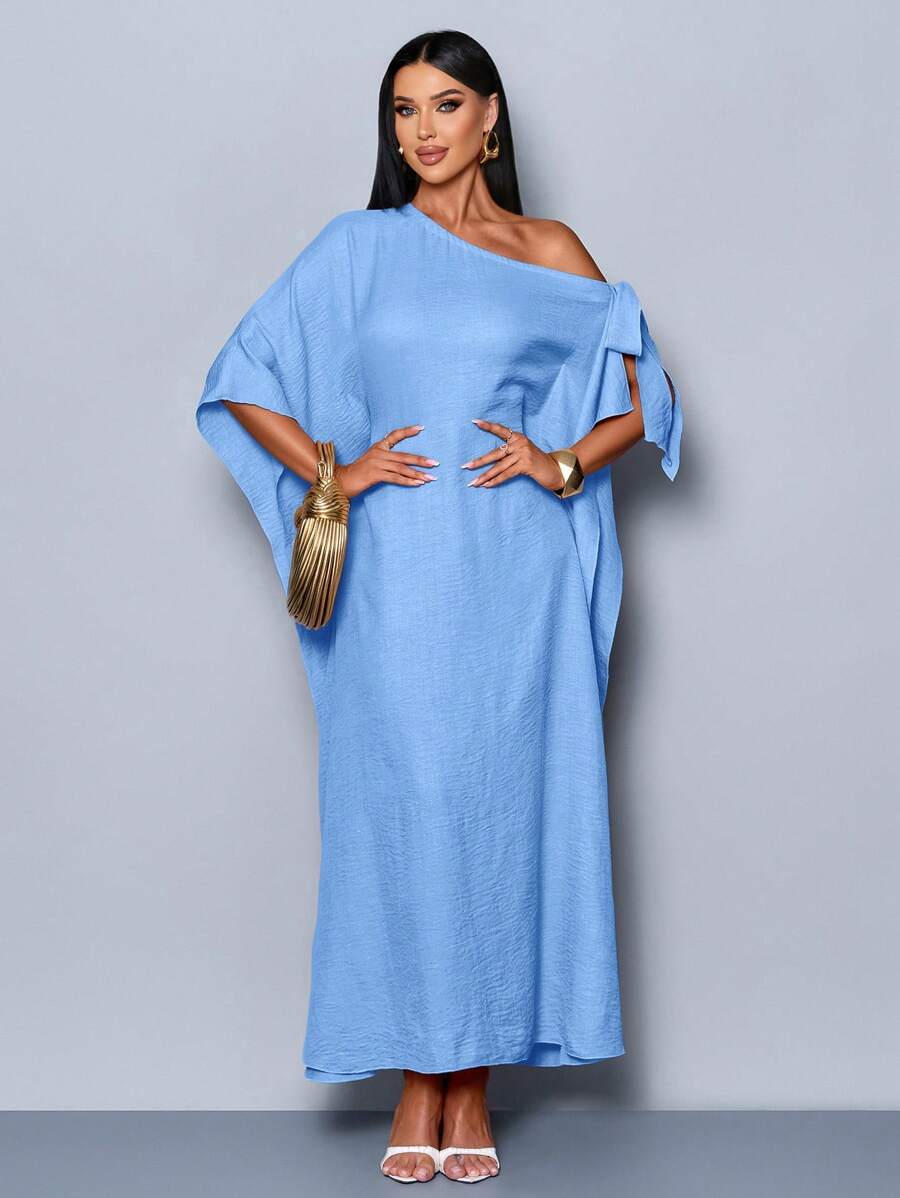 SOLERSUN 春夏女装优雅通勤性感斜肩蝴蝶结海边度假聚会派对长袍纹理面料杏色长裙 - 藍色 - 查看 1