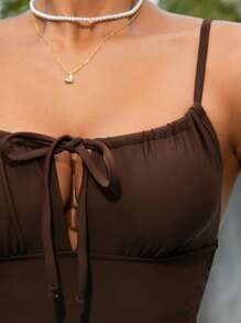 Swim Chiccia Women's Casual Summer Vacation Plain Hollow Out Pleat Backless One Piece Swimsuit - Brown - View 6