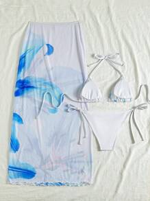 Soleia 3-Piece Women White And Blue Floral Bikini Set With Beachwear Skirt,Summer Casual Vacation Outfits For Women,Holiday Pool Party Swim Suits - Multicolor - View 2