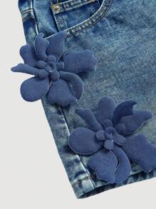 SHEIN MOD Damen Lässig Denim Shorts mit 3D Blumen Dekoration, Sommer - Blau - Übersicht 3