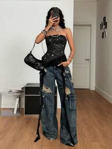 Coolane 女士 Y2K 闪亮图案撞色蕾丝运动抹胸荷叶边上衣 - 黑色 - 查看 4