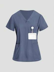 TaskEZ Uniform Set: V-Neck Short Sleeve Tailored Blouse And Drawstring Straight Leg Casual Pants, Classic Unisex Scrub Sets - Baby Blue - View 10