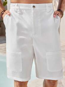 Manfinity Homme Shorts Casual Masculina de Cor Sólida, Estilo Minimalista para Uso Diário - Branco - Visão 1