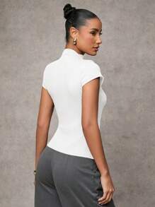 SHEIN BAE Áo thun nữ cổ bẻ tay lỡ màu trơn, cài nút đơn giản, áo thun nữ hàng ngày, áo thun Jersey cài nút - trắng - Xem 2