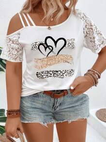 INAWLY Plus Size Asymmetrical Lace Collar Short Sleeve Leopard And Heart Print Casual T-Shirt, Spring/Summer