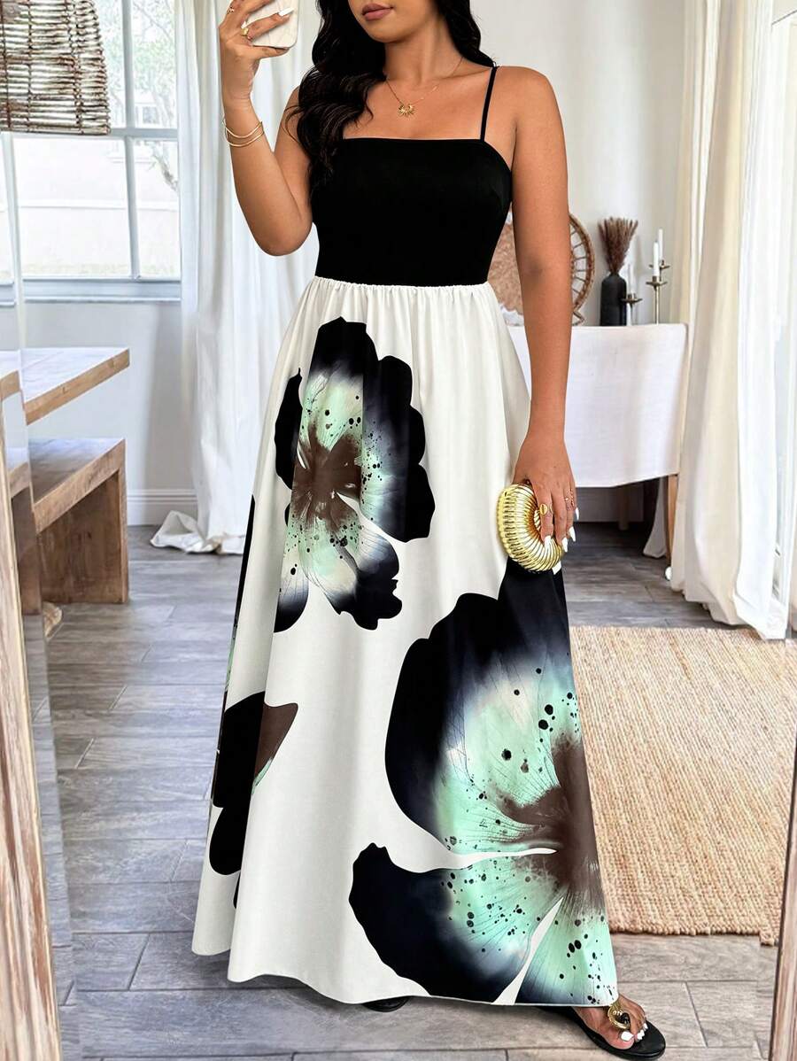 大码随机印花优雅无袖吊带连衣裙，夏季 - 彩色 - 查看 1