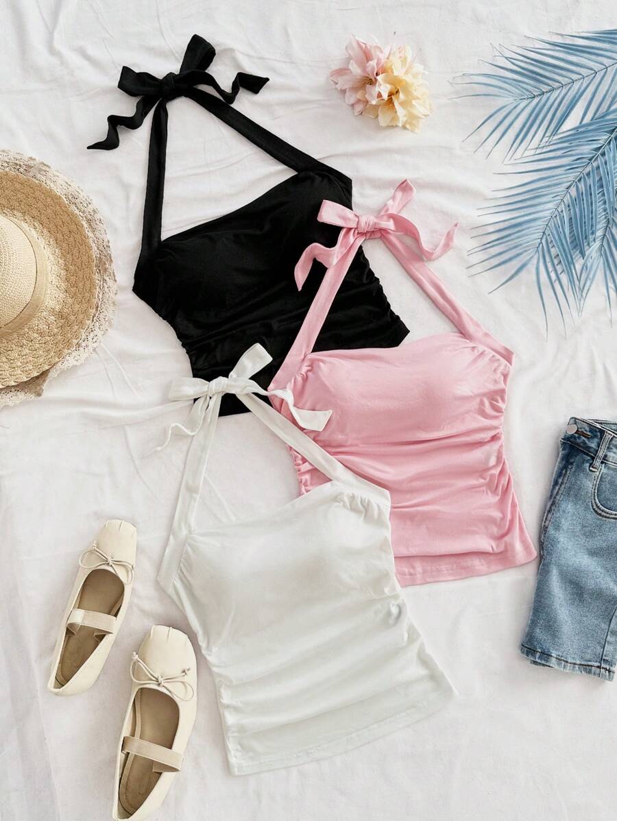 Soleia 3 Piece Women's Ruffled Back Strap Halter Top,Summer Tops Back To School - Multicolor - View 1