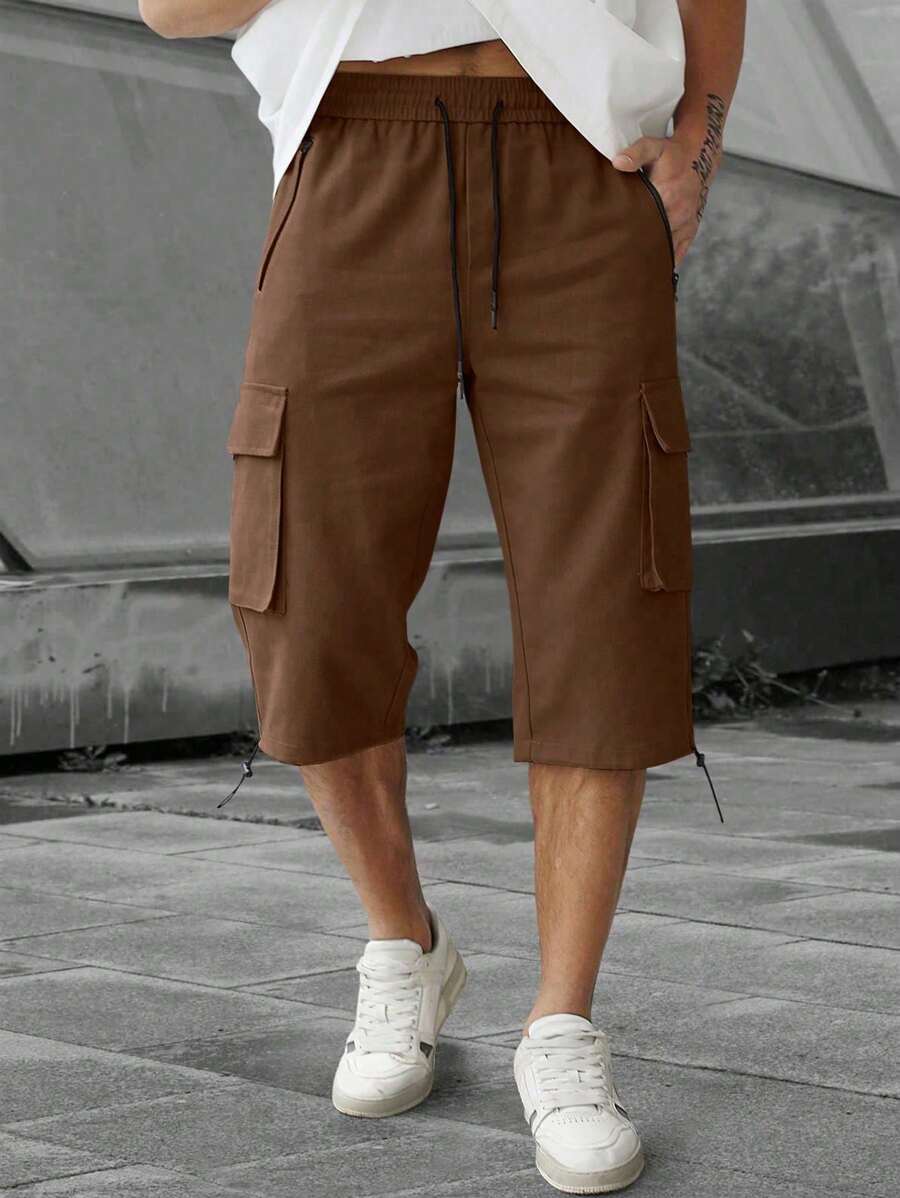 Manfinity Homme Quần Capri lưng cao màu trơn có dây rút túi hộp thường ngày cho nam - Cà phê nâu - Xem 1