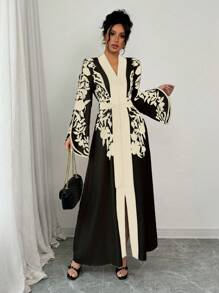 SHEIN PETITE Vestido largo de manga de campana con estampado floral bicolor negro y albaricoque, elegante para mujer de talla pequeña, para primavera/verano