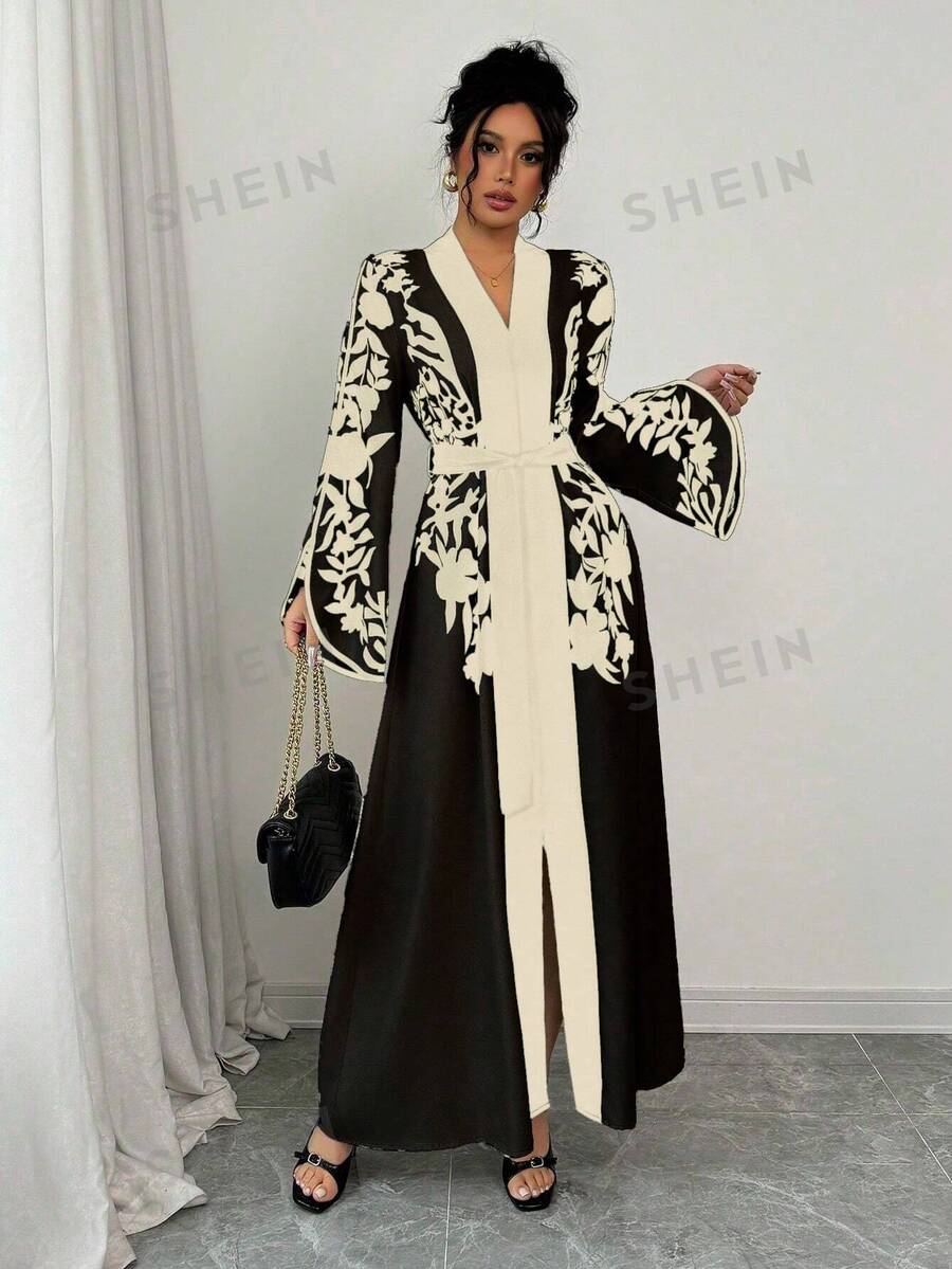 SHEIN PETITE Vestido largo de manga de campana con estampado floral bicolor negro y albaricoque, elegante para mujer de talla pequeña, para primavera/verano