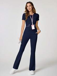 TaskEZ Conjunto de uniforme de scrub: Blusa de cuello redondo de manga corta y pantalones - Azul Marino - Ver 6