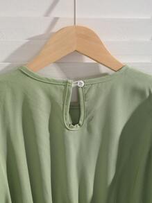 Girls Casual Fashion Round Neck Puff Sleeve High Waist Mid-Length Solid Color 3D Bow Decor Girl Dress - Green - View 4