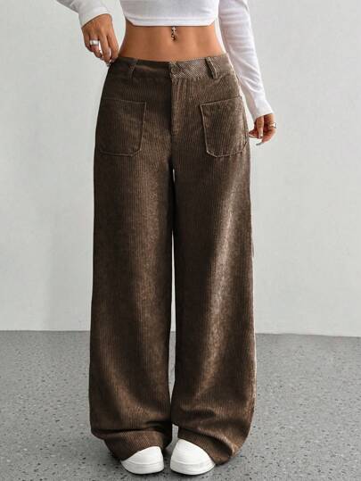 SHEIN Unity 灯芯绒纯色多口袋休闲直筒裤，羊毛衬里，适合秋冬季
