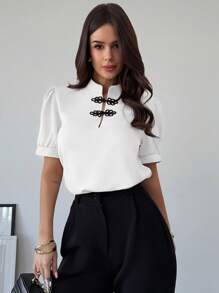 Firerie Women's Elegant Romantic Puff Sleeve Contrast Buttons Blouse, Spring/Summer, Suitable For Valentine's Day - White - View 7