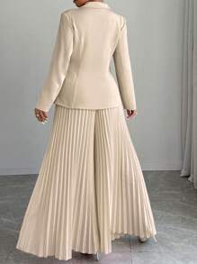 Elenzga Ensemble femme grande taille composé d'une veste à col cranté à manches longues de couleur unie mouchetée et d'un pantalon évasé plissé