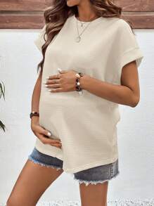 SHEIN Maternity Solid Color Round Neck Batwing Short Sleeve Casual Loose T-Shirt - Apricot - View 5