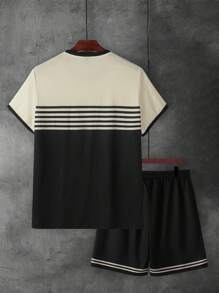 Manfinity Homme Men's Solid Color Patchwork Round Neck Short Sleeve Casual Top And Shorts Set - Multicolor - View 2