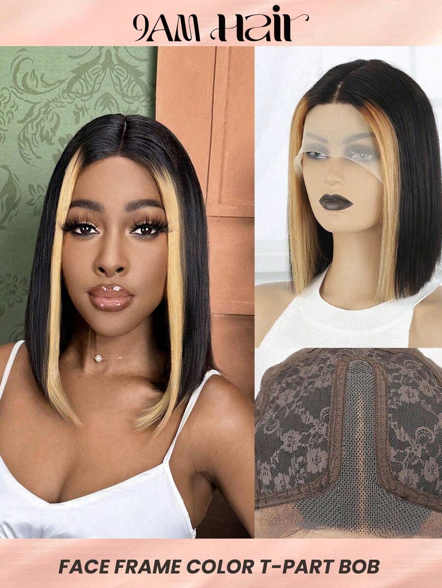 直筒波波頭13X4X1 T型前蕾絲假髮短人類假髮雙色短直筒假髮頂級品質頭髮替代品假髮適合女士漸層顏色 - SNATURAL/27 - 查看 1