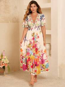 Roveilla Plus Size Women's Elegant Floral Print Maxi Beach Dress With Spaghetti Strap Neckline