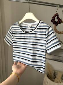 SHEIN Leap Crew Tween Girls Simple Colorful Striped Knitted Tight Crop Fitted Casual T-Shirt - Baby Blue - View 4
