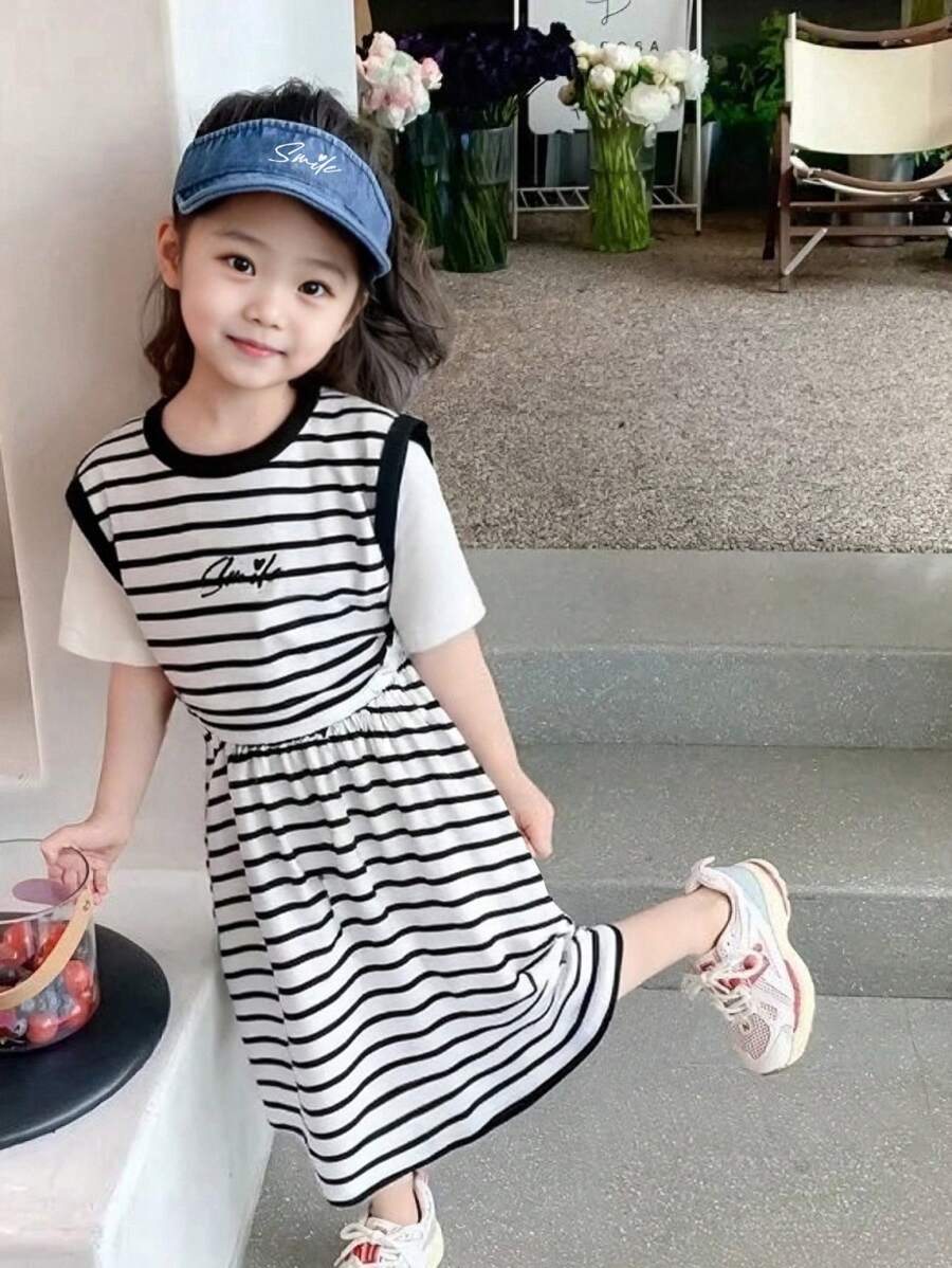 SHEIN Genkimix 2pcs/Set Young Girls Creative Letter Embroidery Color Block 2 In 1 Short Sleeve T-Shirt + Casual Black & White Striped Skirt Outfit, Summer - Black and White - View 1