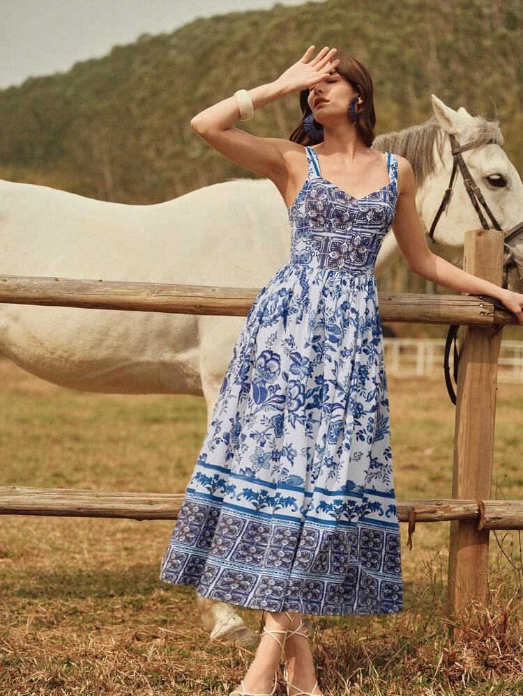 Women's Elegant Blue And White Porcelain Print V-Neck Sling, Backless, Cinched Waist, A-Line Long Dress, Summer Boho Beach Holiday Festival Vacation