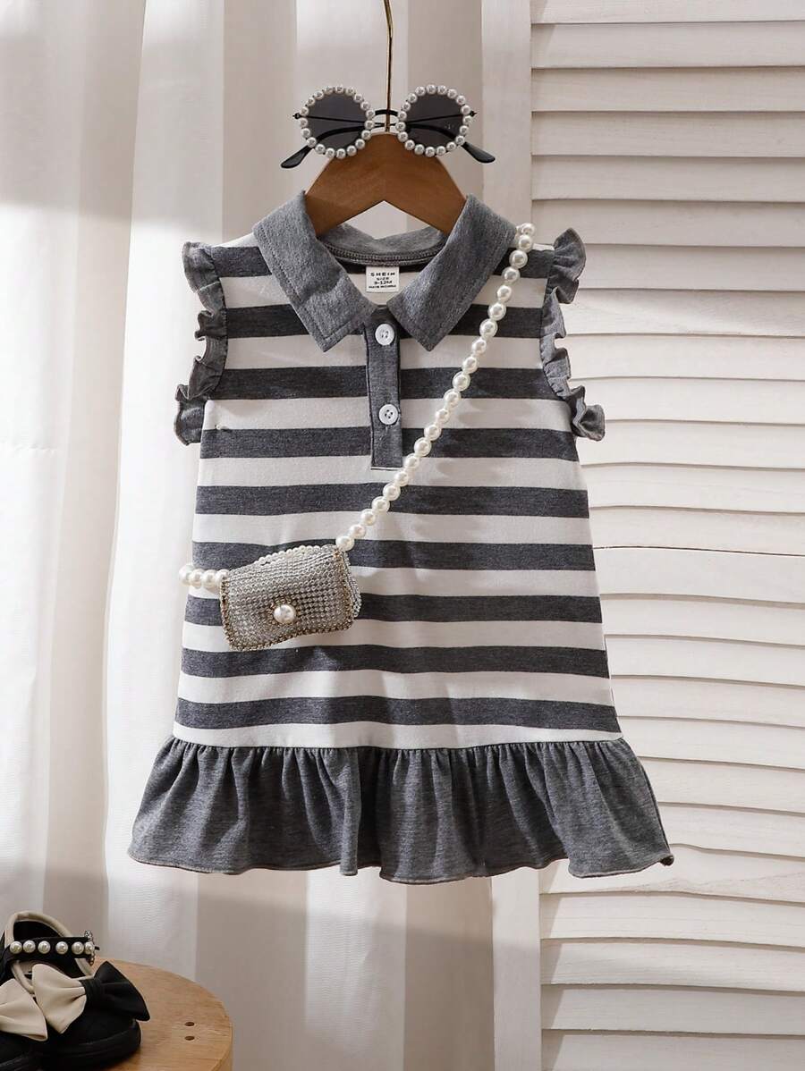 SHEIN Playful Pals Đầm dệt kim kẻ sọc tay bồng cổ bẻ kiểu Hàn Quốc dễ thương cho bé gái, thích hợp mặc mùa hè. - Xám - Xem 1
