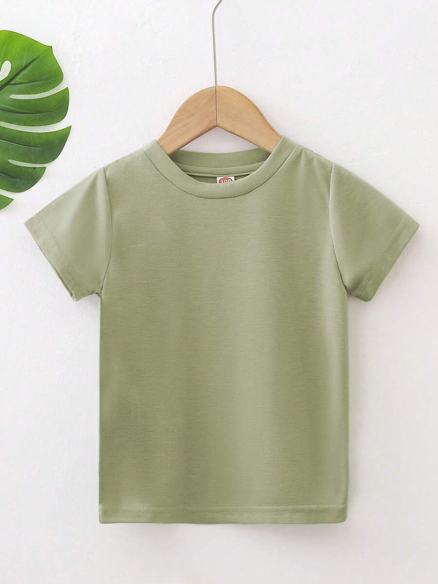 SHEIN Young Boy Solid Color Round Neck Loose Casual Short Sleeve T-Shirt - Green - View 1
