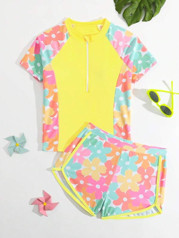 SHEIN Tween Girl Floral Print Raglan Sleeve Crop Top And Shorts Tankini Swimwear Set Young Girl Summer Outfits Young Girls Sets Summer Sets For Tweens Summer Outfit Sets For Teens Summer Cloths For Teens