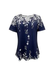 Damen Lässig T-Shirt mit Blume Muster und Revers-Ausschnitt für den Sommer