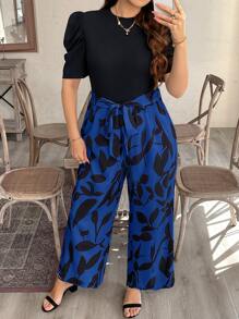 SHEIN LUNE SHEINLUNE Plus Size Women's Princess Sleeve Tie Waist Straight Leg Wide Leg Black&Pink Floral Jumpsuit, Old Money,Summer Outfits For Women, Old Money, Spring Break Outfits , Modesty Clothes Women Summer Boho Old Money Summer Outfits For Women Spring Break Rave Outfits Festival Spring Break Outfits - Royal Blue - View 9