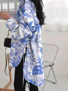 SHEIN Plus Size Simple Fashion Long Sleeve Shirt, Suitable For Summer Fall Cloth For Women - Blue and White - View 3