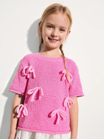 SHEIN Young Girl Bow Decor Round Neck Short Sleeve Loose Knit Pullover Top