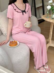SHEIN 少女甜美简约荷叶边领短袖和裤子针织罗纹粉色睡衣套装 - 粉色 - 查看 5
