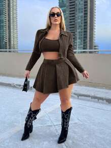 SHEIN SXY 3pcs Plus Size Women Retro Washed Vintage Set: Camisole Crop Top, Long Sleeve Short Jacket & Elastic Waist Mini Pleated Skirt, Suitable For Everyday Wear, Music Festival, Concert, Carnival Party, Beach Vacation, Date Night, Birthday, Bachelorette Party, Club, Casual, Streetwear, Going Out, Flattering The Figure - Khaki - View 9