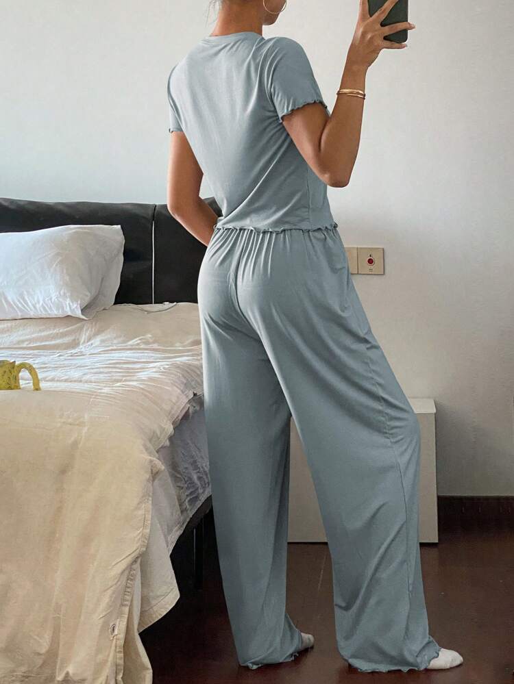 Solid Color Wave Trim Decorated Slim-Fit Top And Pants Leisurewear Set, Simple Design Pajama