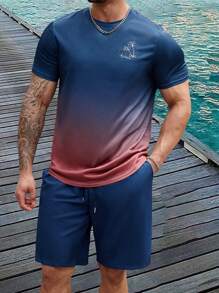 ResortEase Plus Size Men's Gradient Coconut Tree Printed T-Shirt And Shorts Set, Vacation