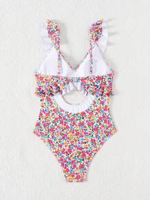 SHEIN Swim 2026 Spring/Summer New Multicolor Small Floral Random Print Adjustable Spaghetti Strap V-Neck Cute Vacation Style One-Piece Bikini Swimsuit For Women - Multicolor - View 3