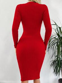 RueChic Mock Neck Ribbed Knit Bodycon Sweater Dress - Red - View 2