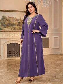 Al Najma 加大码女式撞色蕾丝 V 领灯笼袖优雅阿拉伯连衣裙，端庄的长袍