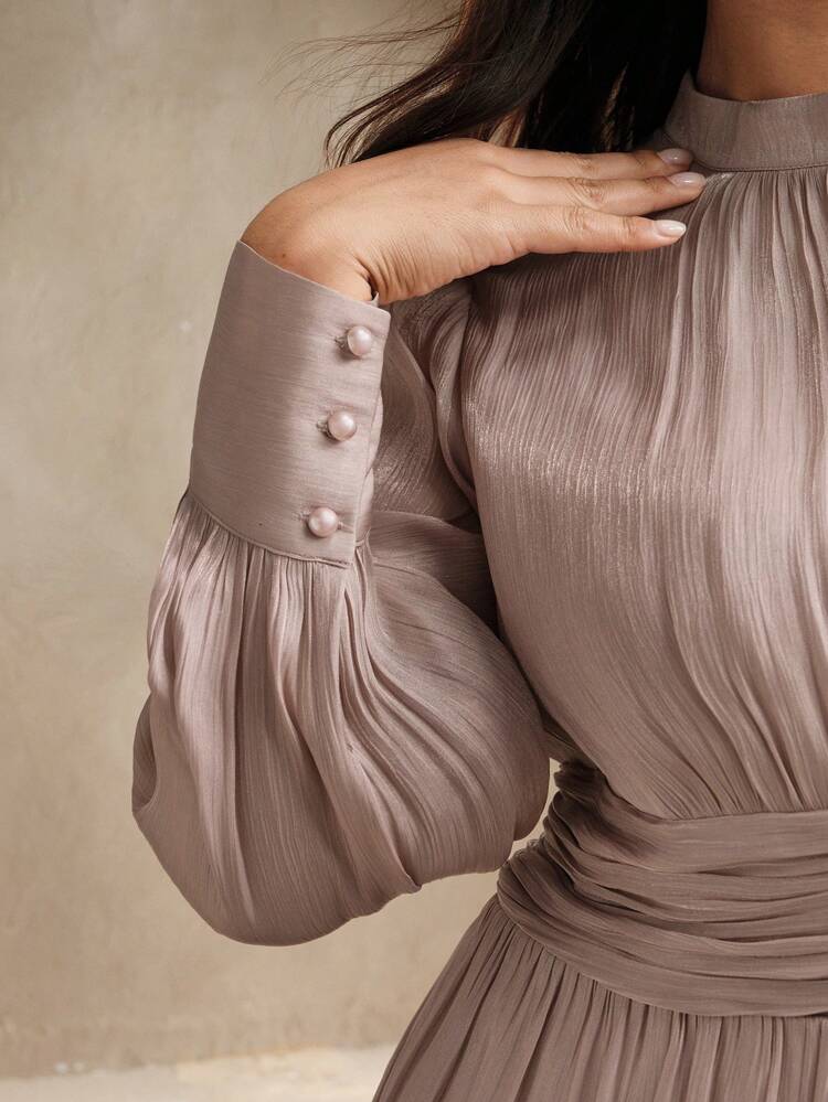 Women Plus Size Long Dress With Puff Sleeve, Waist Pleated Collar, Waistline Design, Long Sleeve Evening Gown