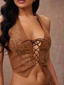 Hauture Women's Halter Neck Front Lace-Up Pointed Hem Mocha Tank Top With Beige Embroidery - Brown - View 5