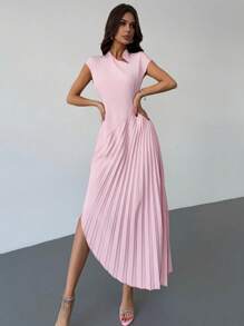 Firerie Abito lungo con arricciature, colletto alla coreana senza maniche, vita con patchwork, orlo arricciato, colore rosa, nuovo stile per San Valentino