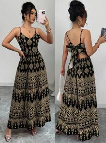 Breezaya 几何印花蝴蝶结露背吊带连衣裙，度假风格 - 黑色 - 查看 1