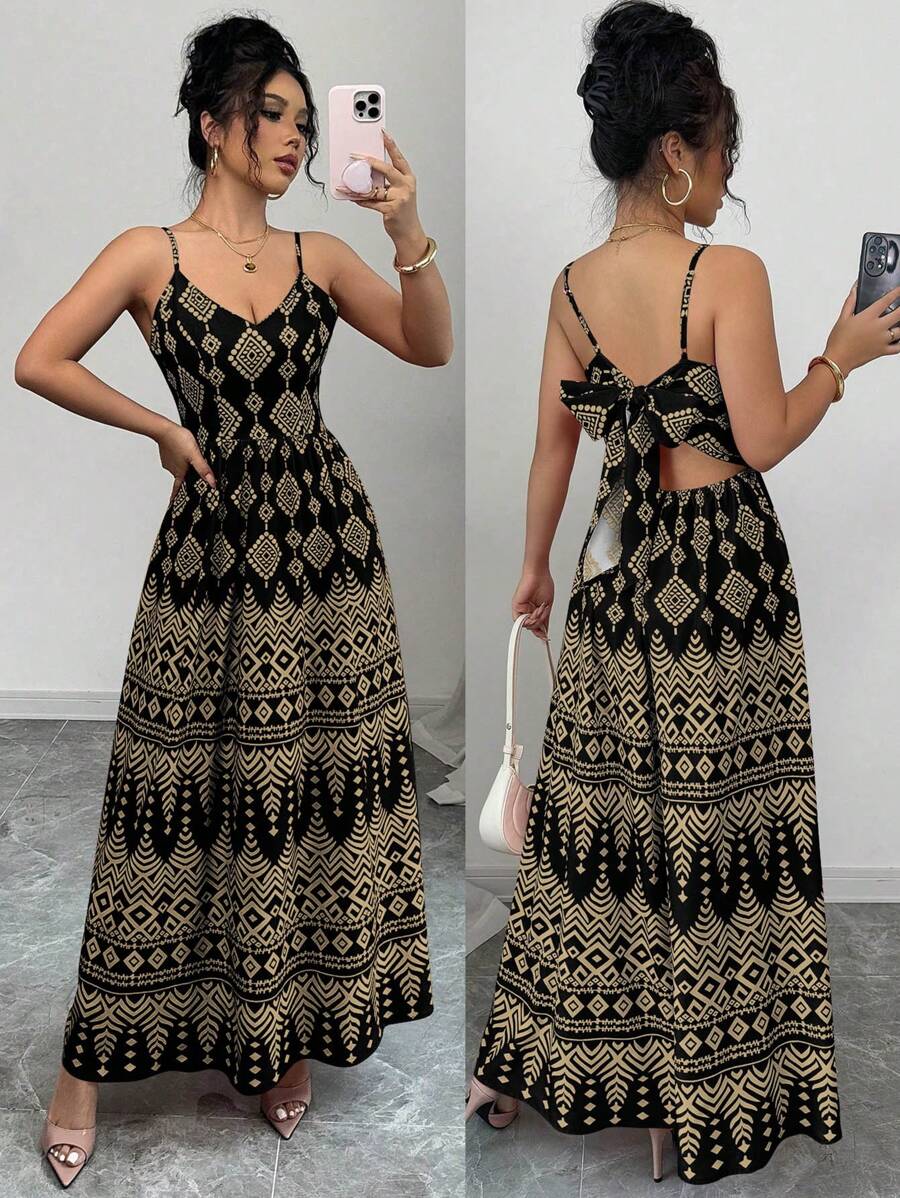 Breezaya 几何印花蝴蝶结露背吊带连衣裙，度假风格 - 黑色 - 查看 1
