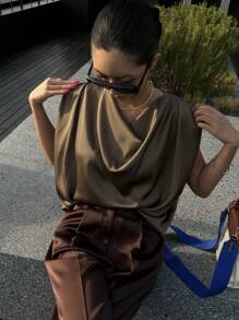 DAZY Áo thun satin rộng vai trễ vai màu trơn thanh lịch cho nữ - Màu Khaki - Xem 8