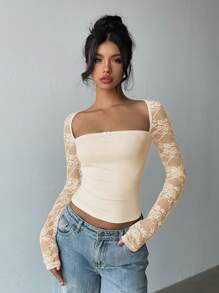 Aloruh 女士方领长袖短款修身蕾丝 T 恤 - 杏色 - 查看 7