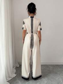 Chiquease Nuovi pantaloni casual da donna, con colletto, allacciatura incrociata, vita elastica, stampa, con gamba ampia